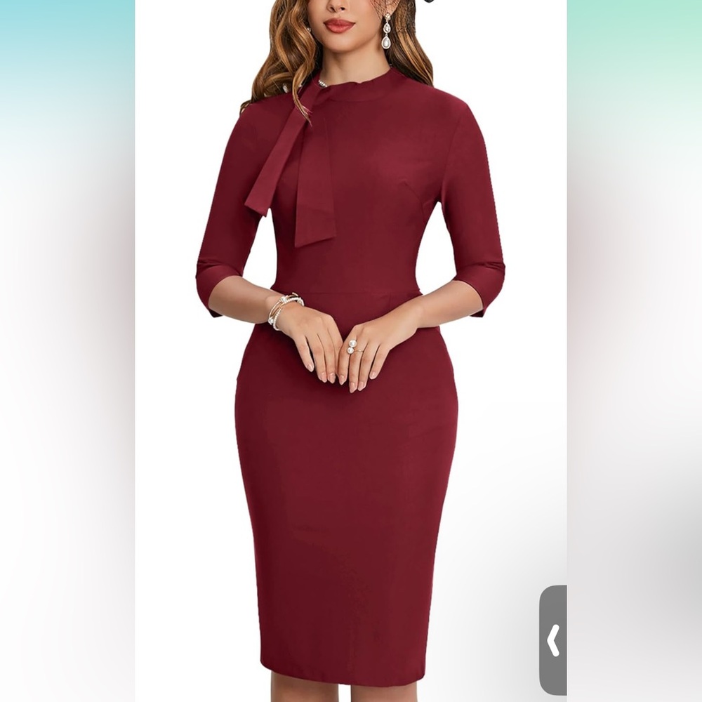 NWT Muxxn Red Bow Neck Pencil Wiggle Dress Vintage Retro Midi L